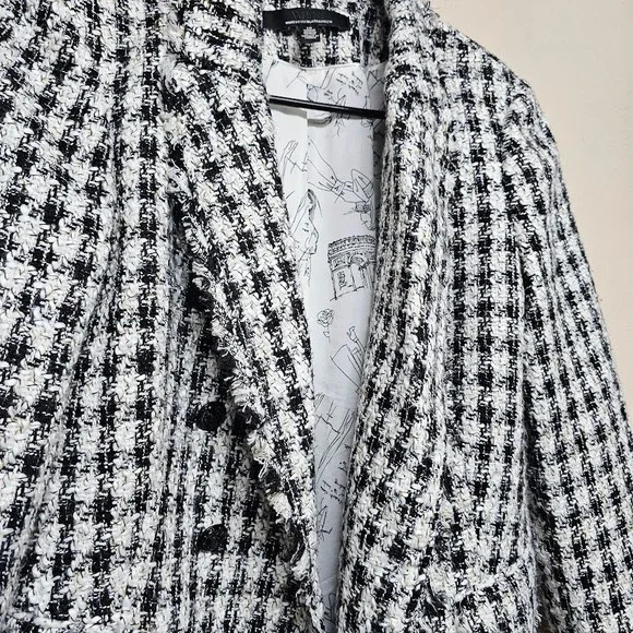 White House Black Market Tweed Fringe Blazer Jacket Women's 10 Black White - Picture 2 of 7